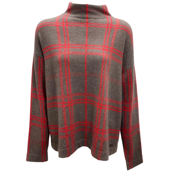 AKRIS BROWN / RED PLAID CASHMERE KNIT SWEATER - Picture 1 of 6